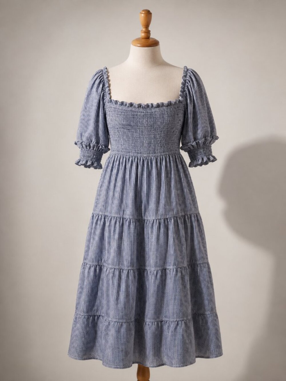 Hill House Home Womens M Navy Gingham Smocked Tiered Puff Midi Dress Cottagecore